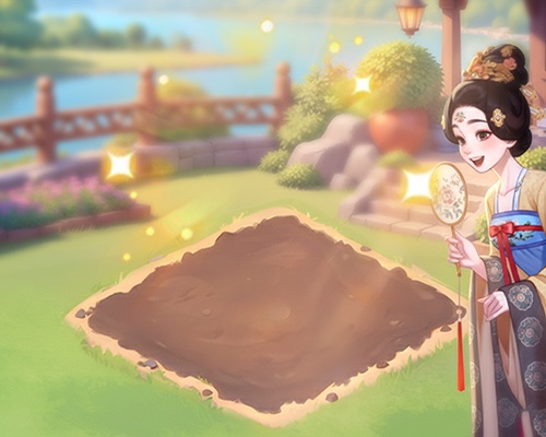 古风角色在湖畔花园播种的游戏画面